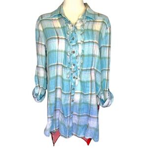 Aratta Silent Journey Plaid Floral Mixed Media Buttoned Bohemian Blouse Tunic XS